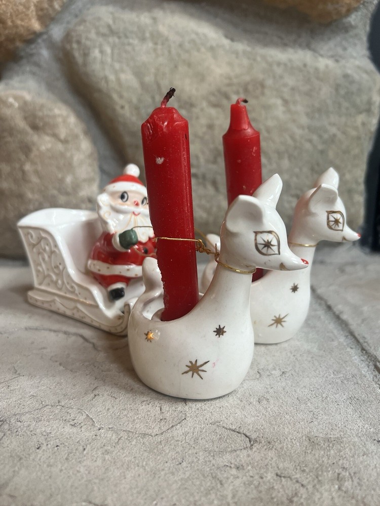 *Rare Holt Howard 1960 Santa W/Sleigh & 2 Starburst Reindeer Candleholders Japan