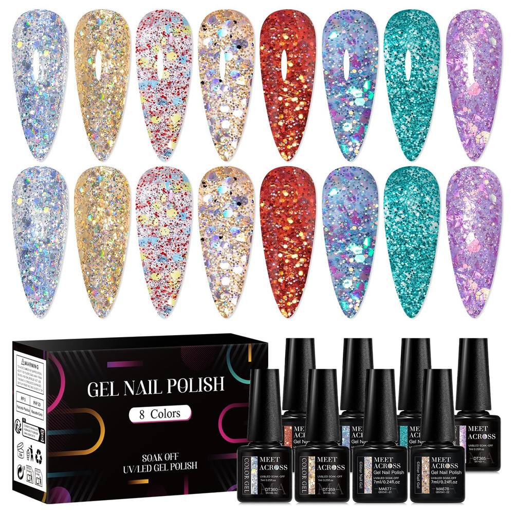 Glitter Gel Nail Polish Set - 8 Soak Off Colors for Sparkly Nails, UV/LED