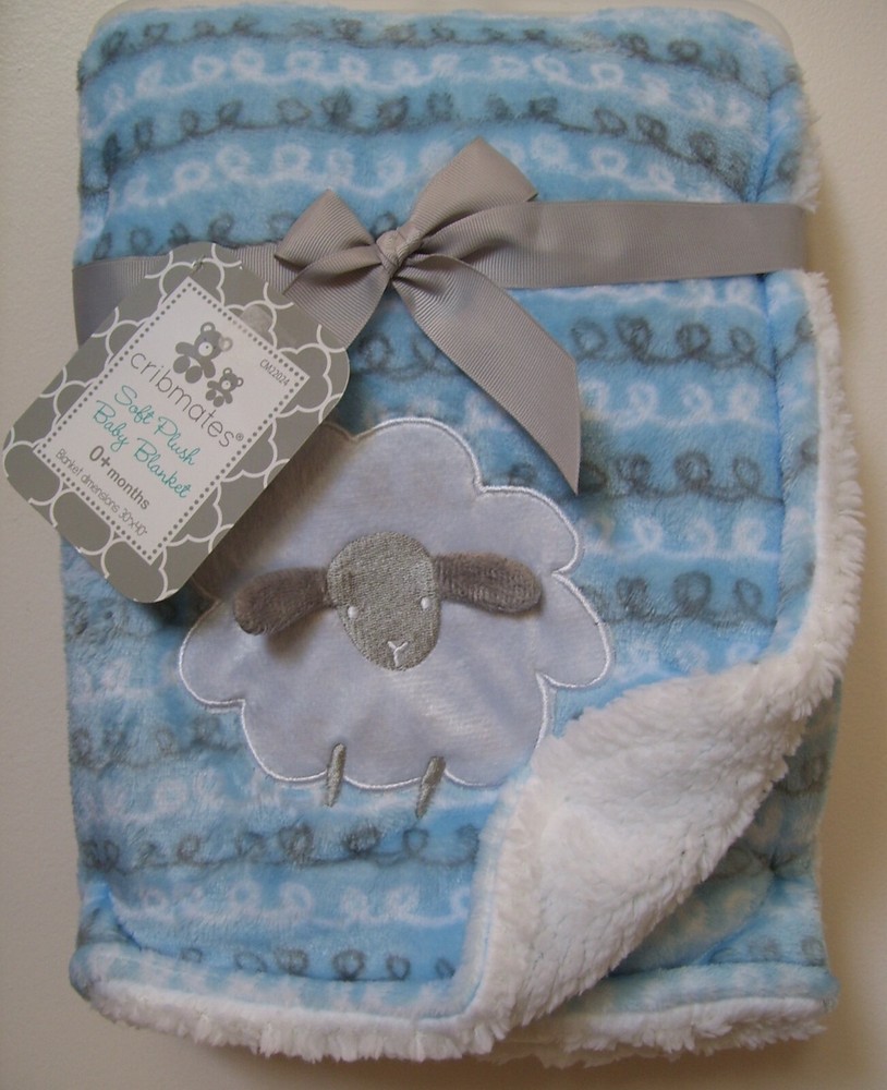 Cribmates Blue White Gray Sheep Lamb Swirl Plush Sherpa Baby Blanket