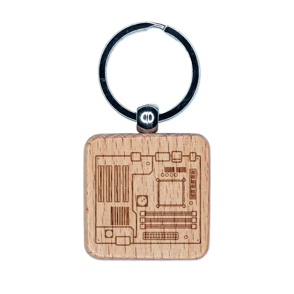 Computer Motherboard Circuit Board Engraved Wood Square Keychain Tag Charm