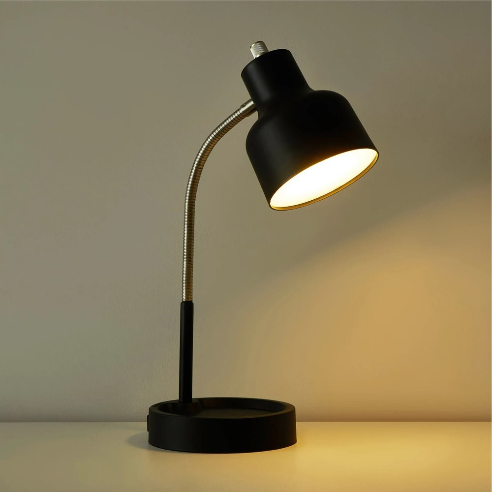 Mainstays Matte Black LED Desk Lamp with Catch-All Base & AC Outlet, 12000h Life