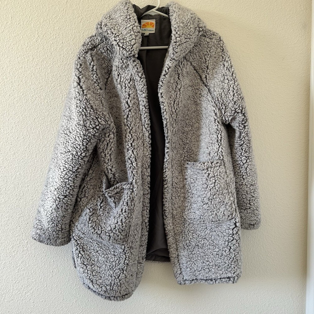 C&C California Womens Teddy Jacket Medium Gray Cozy Winter Warmth