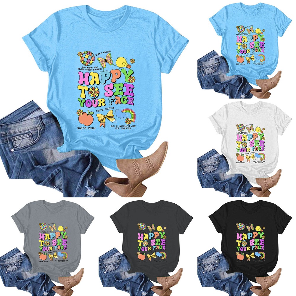 Women's Back To School Season Printed Round Neck Short Sleeved T Shirt Top-image