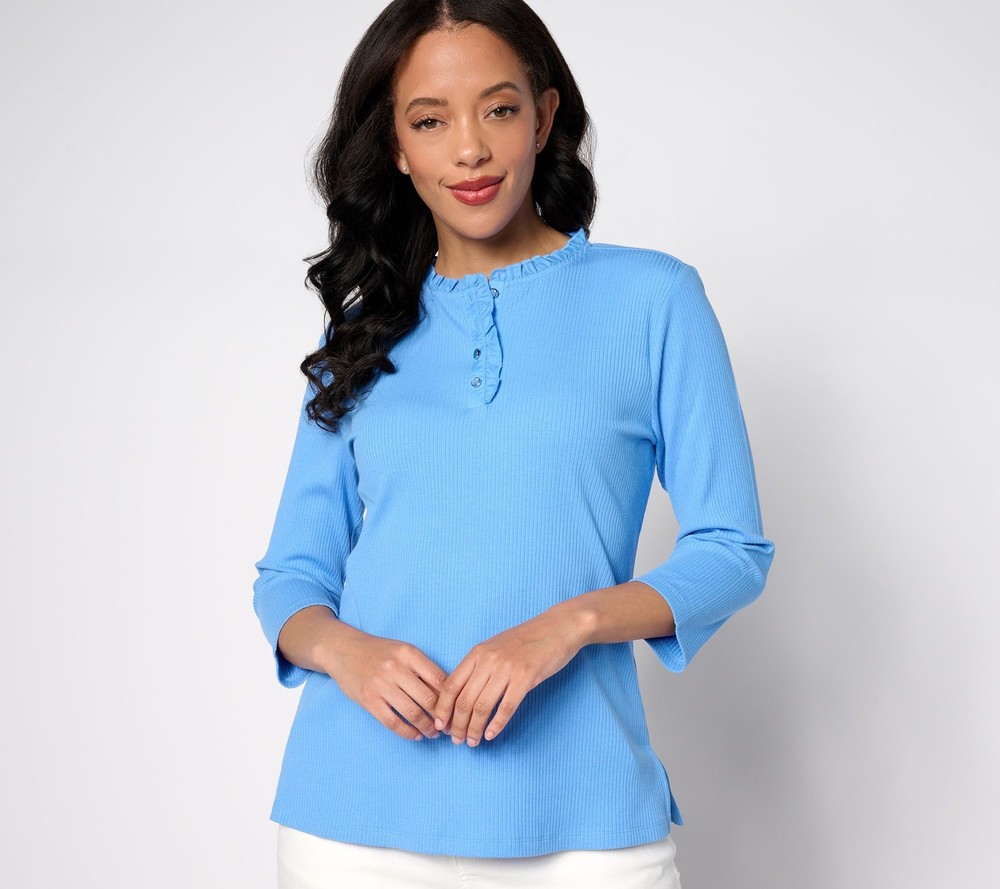 Isaac Mizrahi Live! Women's Top Sz XL Sleeve Henley Ruffle Trim Blue A634818