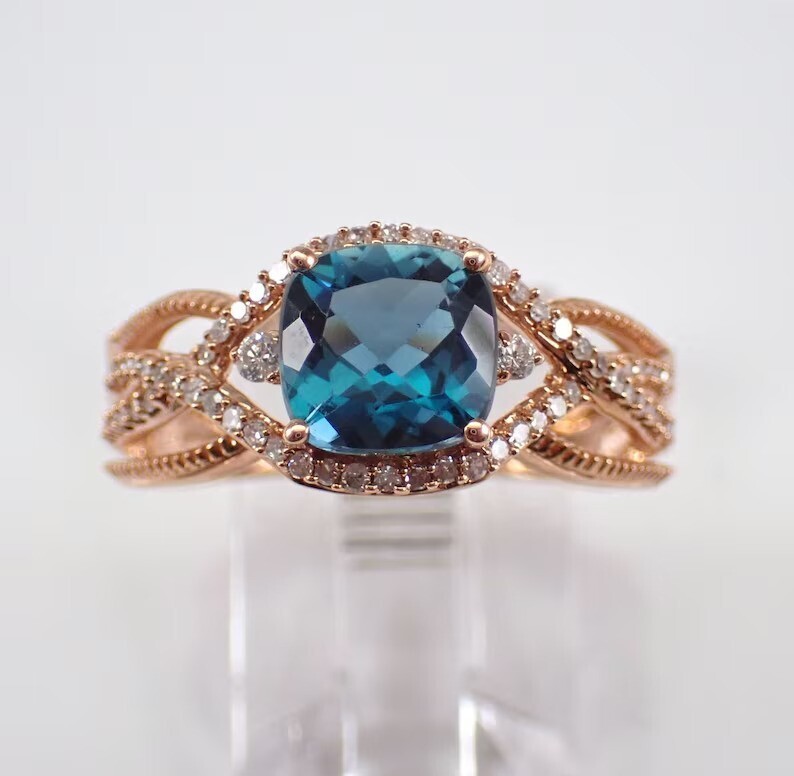 3Ct Cushion Cut Simulated London Blue Topaz Wedding Ring In 14k Rose Gold Plated
