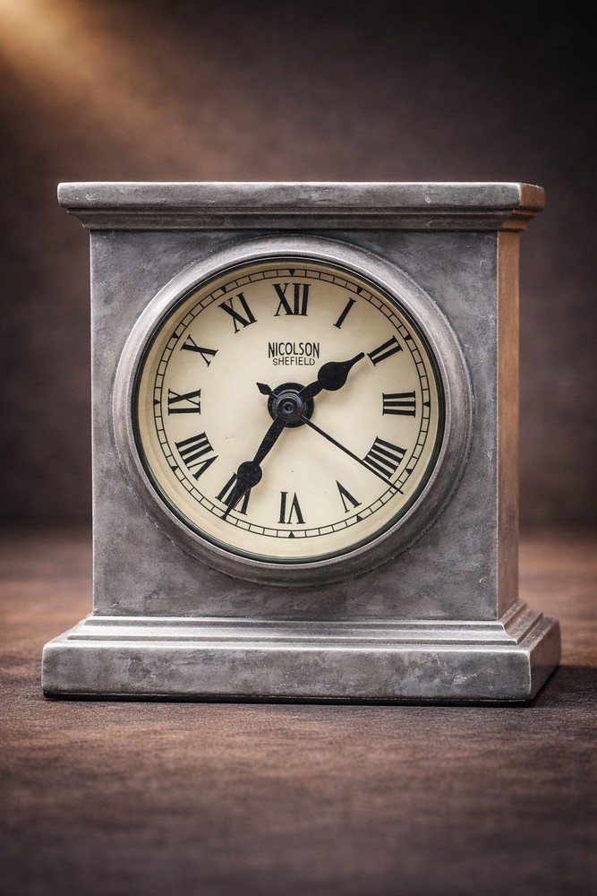 Restoration Hardware Nicholson Sheffield Pewter Mantel Clock Roman Numerals