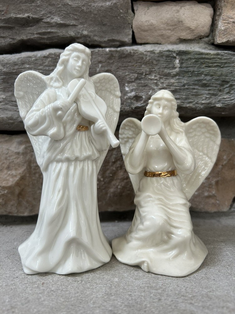 Set 2 Lenox Musical Angel horn Violin Porcelain Ivory & Gold Nativity Christmas