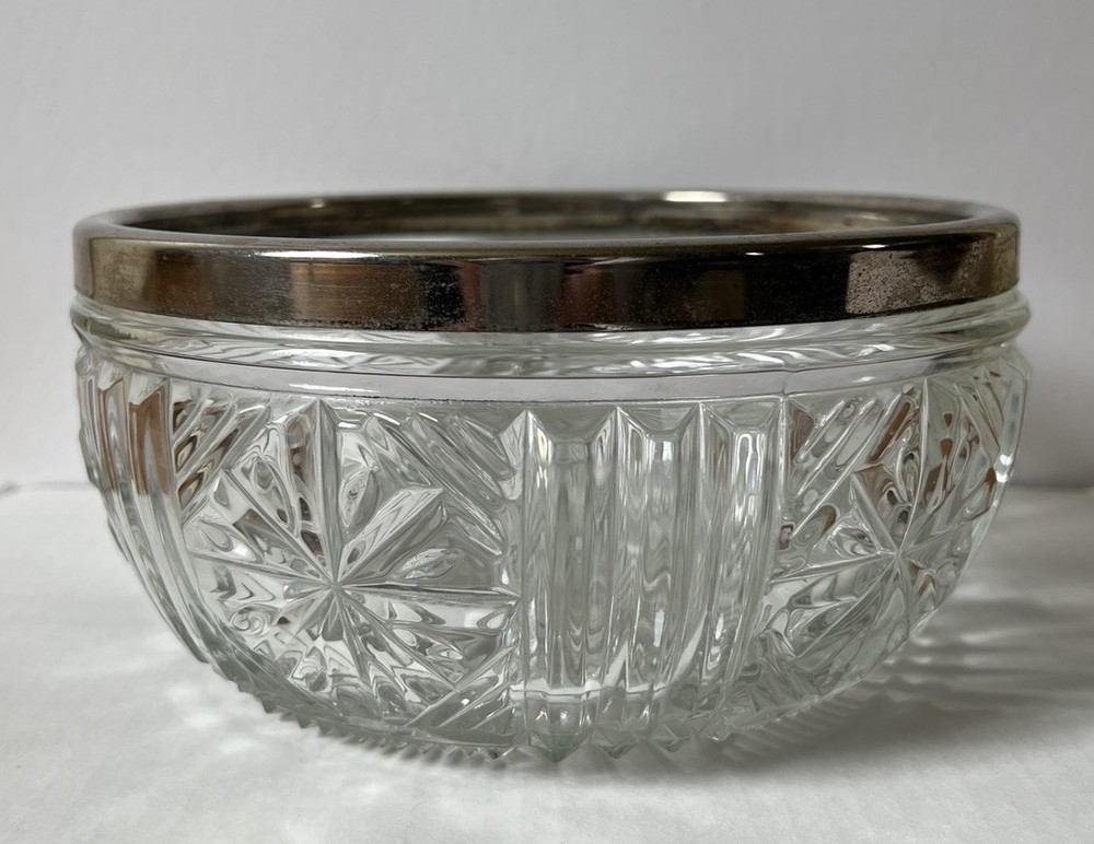 Vintage Raimond Clear Cut Glass Serving Bowl with Silver Plated Rim England