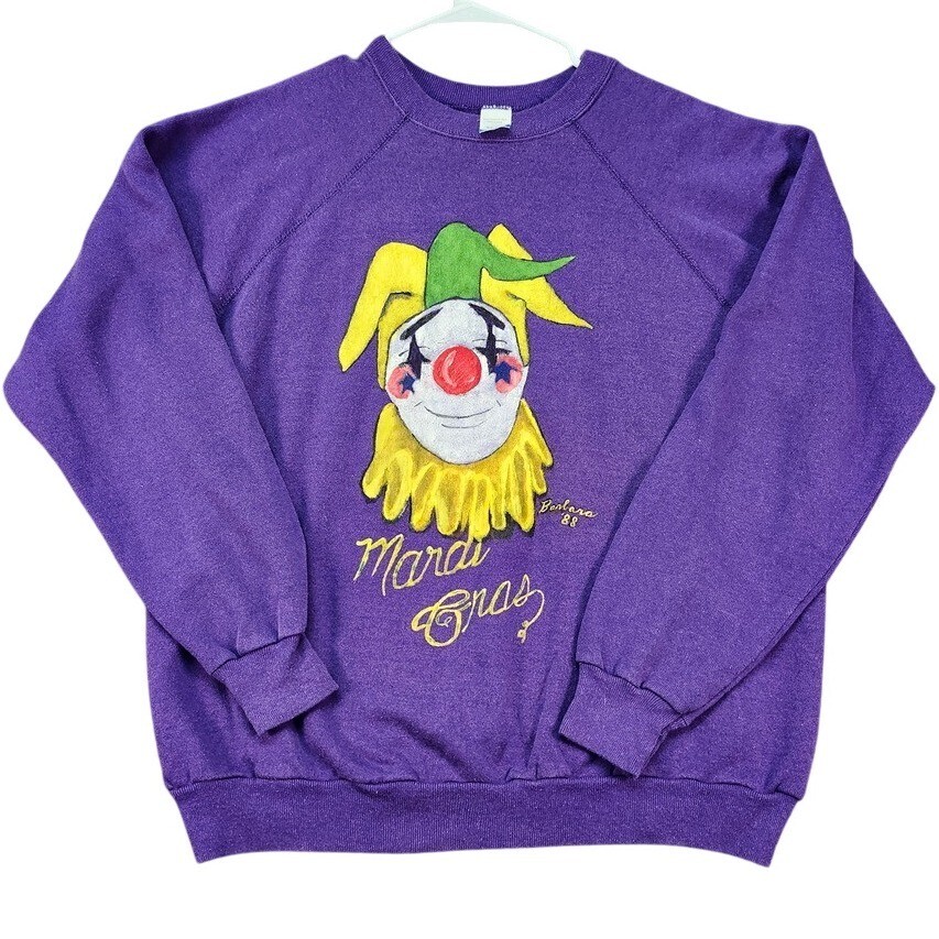 Vintage 80s Mardi Gras Clown Hand Painted Graphic Purple Sweatshirt XL RARE