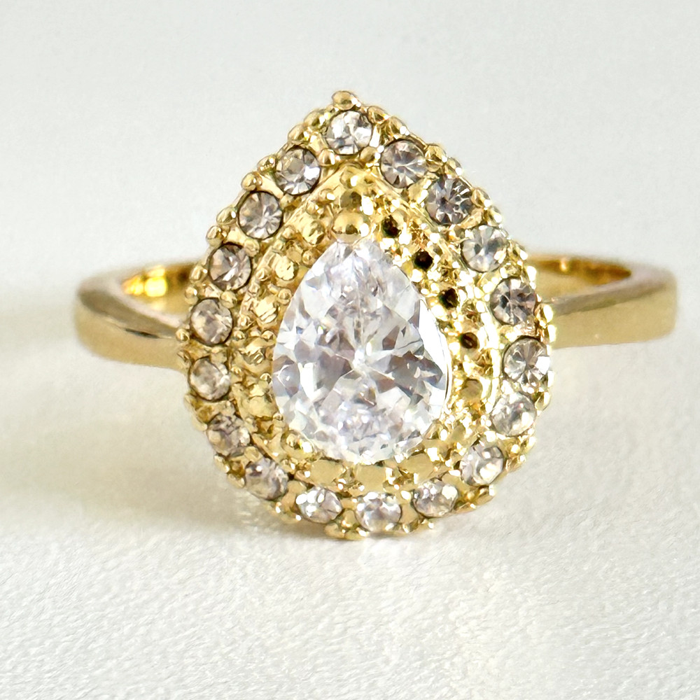 Ladies Clear CZ Gold Tone Sparkly Pear Cut Halo Band Ring Size 9