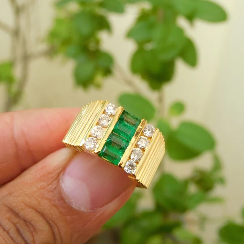 Men's Emerald Cut Simulated Green Emerald Engagement Ring 14K Yellow Gold Plated