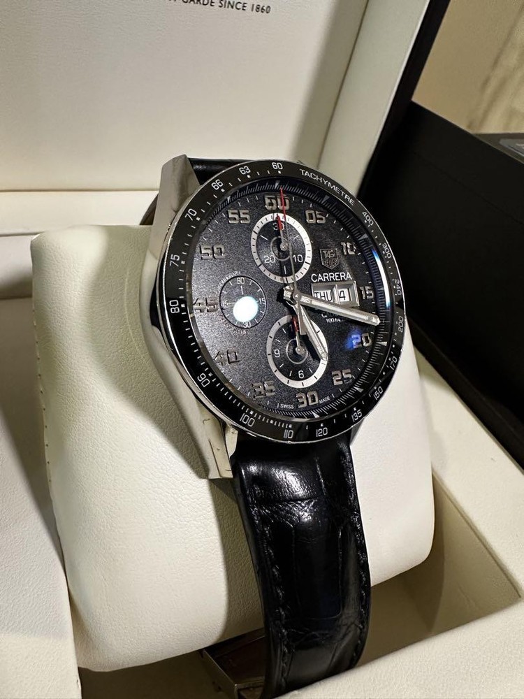TAG Heuer Carrera CV2A1R Chronograph Day-Date Black Dial Leather Strap 574152