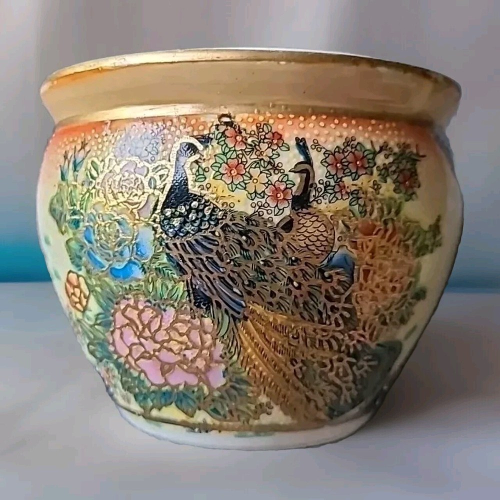 Small Pot/Vase Peacocks Gold-like Planter Porcelain, Vintage Oriental Inspired