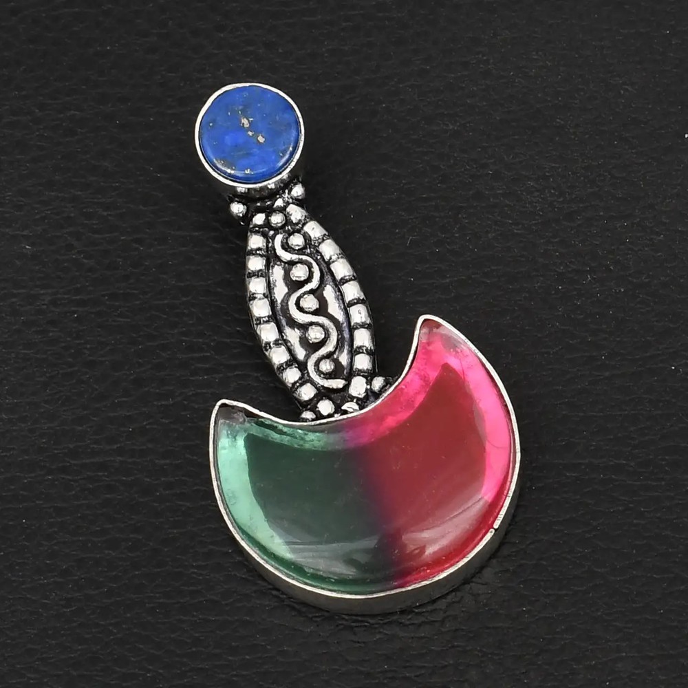 Bi-Color Tourmaline Lapis Lazuli Gemstone Half Moon Pendant Jewelry 2