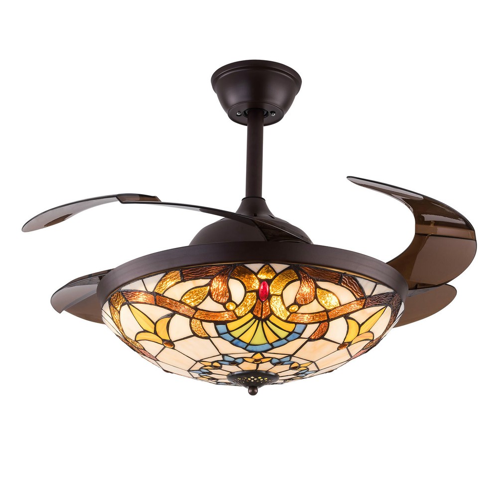 42-inch Tiffany Style Ceiling Fan with Remote Control and Retractable Chandelier Light