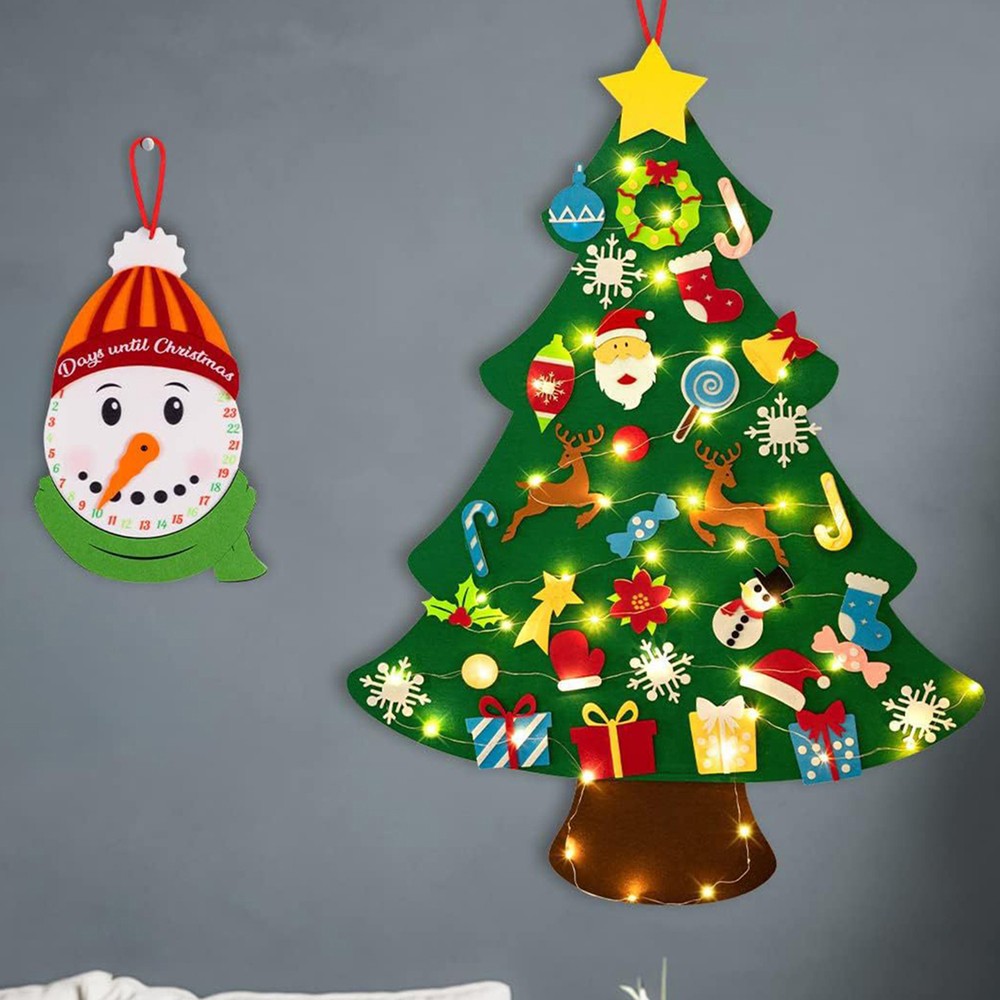 Wall Art Decor Felt Christmas Tree With String Light for Kids Room Decoration