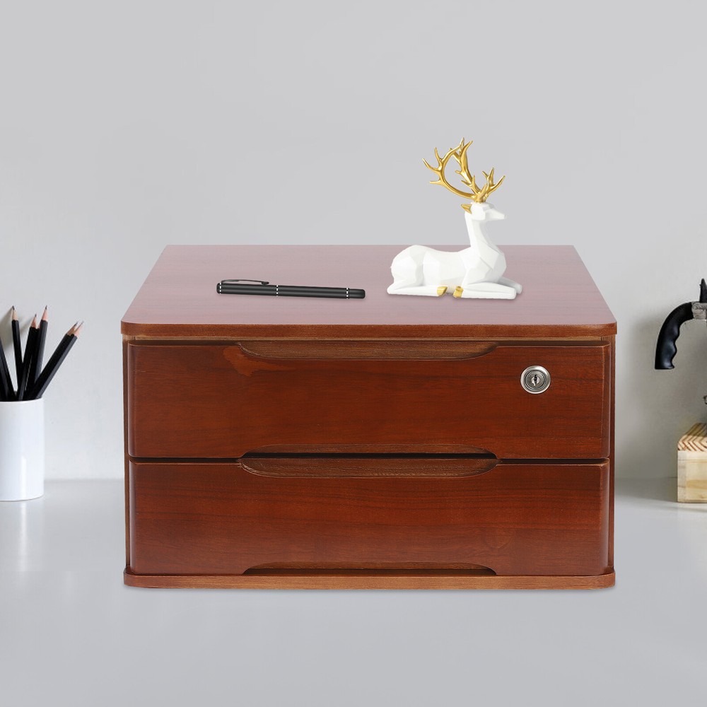 2-Tier Tung Wood Desk Organizer with Lockable Drawers for Home Office Walnut