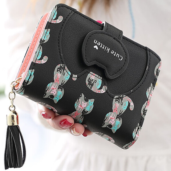 Women Short Leather Wallet Cute Cat Purse Multi ID Credit Card Holder Clutch US