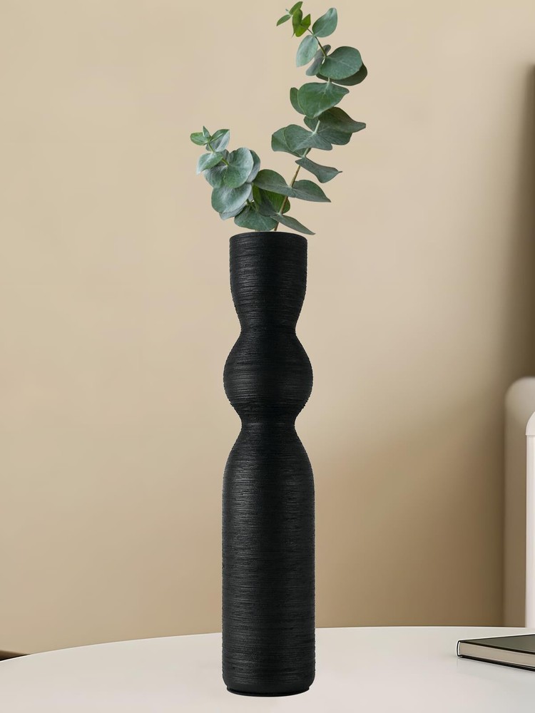 15-Inch Tall Black Handmade Ceramic Skinny Flower Vase Modern Design
