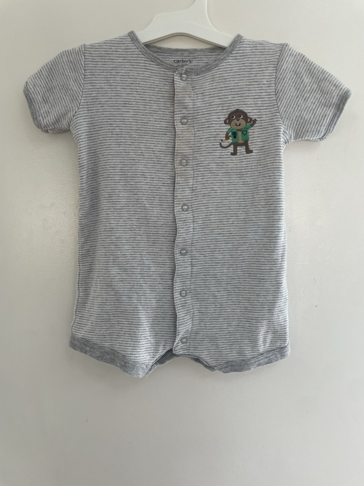 Carter's Baby Boy Cute Embroidered Monkey Striped Cotton Snap-Up Romper Gray 18M