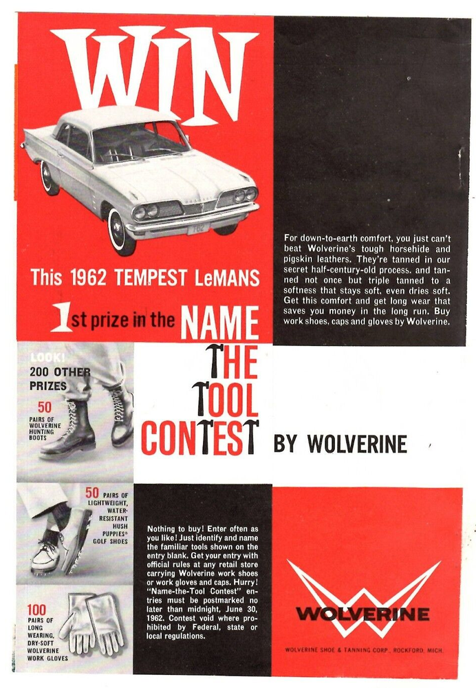 1962 Print Ad Wolverine Shoe & Tanning Win 1962 Tempest Lemans Name Tool Contest