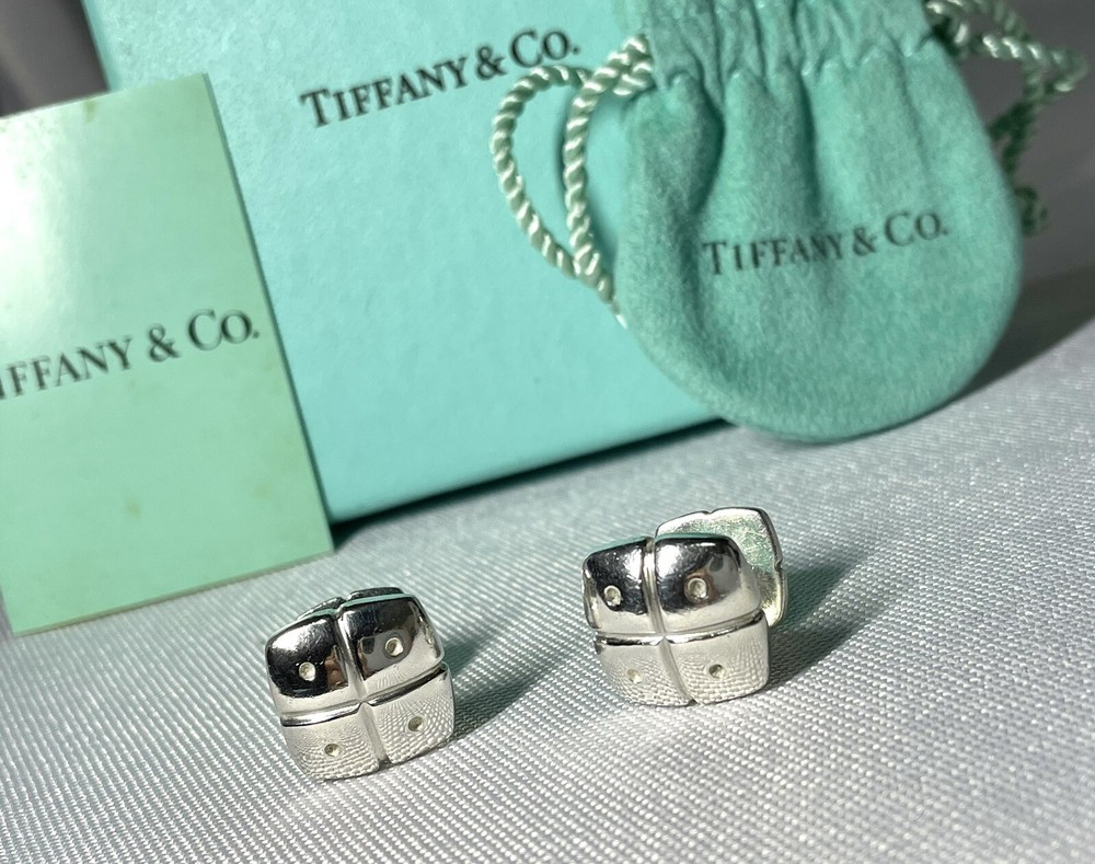 Auth Tiffany Fourth Cufflinks Square Vintage Button Sterling Silver SV925 + Box