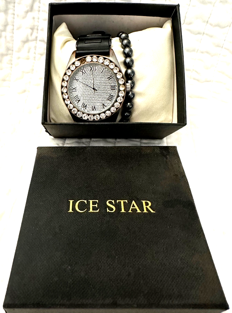 Men's Crystal-Studded Iced Out Decorated Bezel Watch & Matching Beaded Bracelet