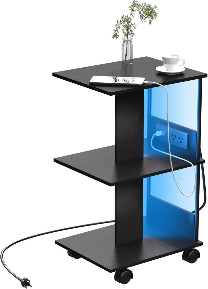 3-Tier Black Wood End Table with LED Lights and USB Charging Station