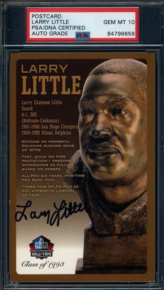 Larry Little Gem Mint 10 PSA DNA Signed HOF Bronze Bust Postcard Autograph