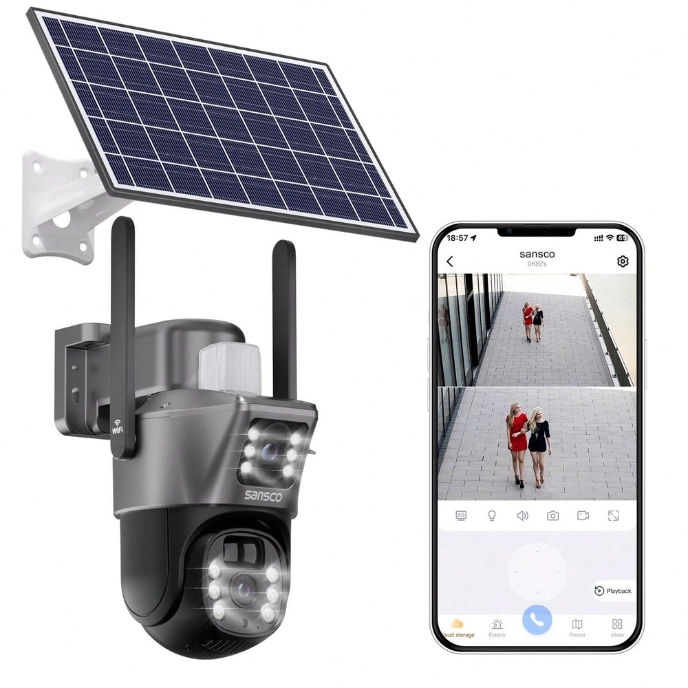 Sansco 4MP Solar-Powered Wireless PTZ Outdoor Security Camera with Dual Lens