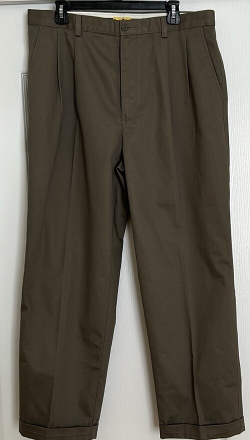 Pantalones chinos de colección Duckhead para hombre 36x30 caquis plisados parche dorado abuelo ecléctico