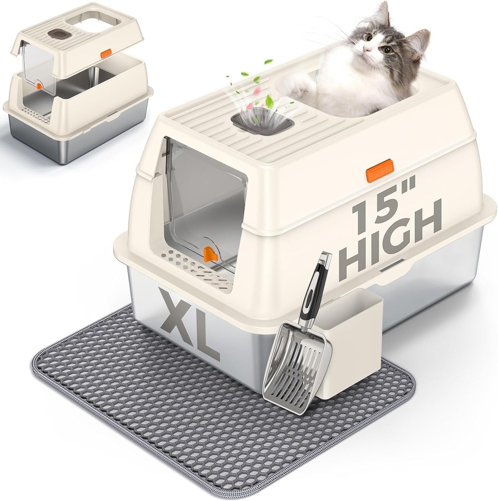 Stainless Steel Cat Litter Box with Lid,Extra Large Side Entry Litter Box