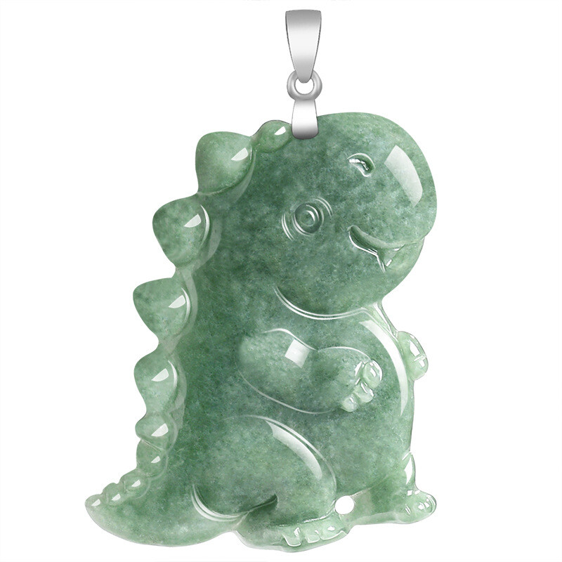 Certified Natural Burma Jadeite Dinosaur Pendant in Bean Green with 925 Sterling Silver