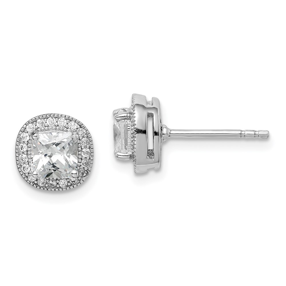 Sterling Silver Polished & Textured 5mm Cubic Zirconia Halo Stud Earrings 2.32gm