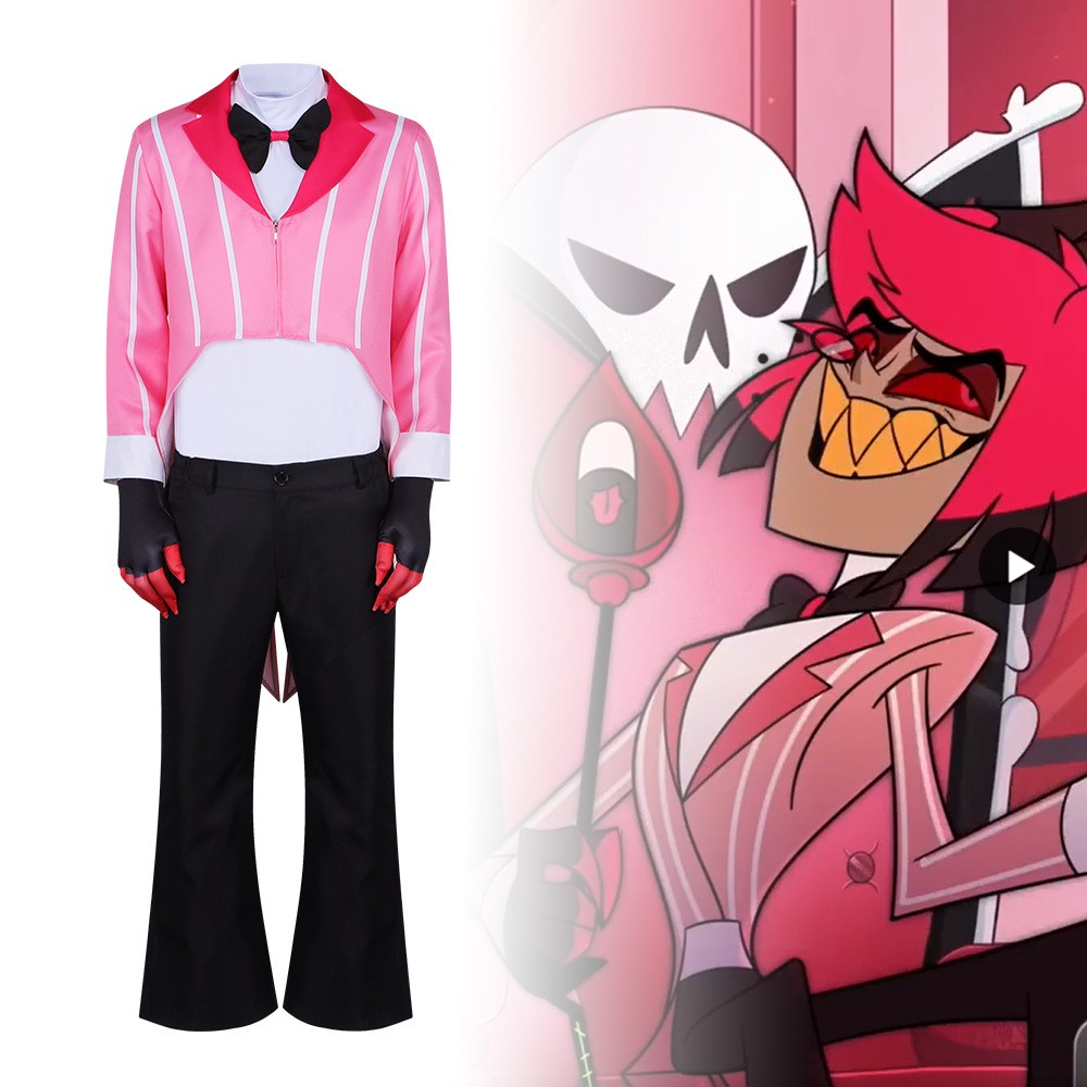 Hazbin Hotel ALASTOR Cosplay Costume Adult Halloween Pink Outfit Wig Full Set