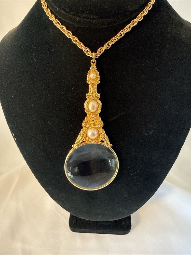 Vintage Joan Rivers Magnifying Glass Necklace, Crystals & Faux Pearls
