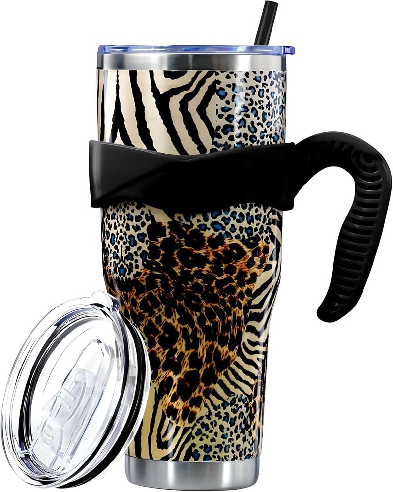 Leopard Print Tumbler with Handle and Silicone Straws 40 Oz Cheetah Insulated Tu