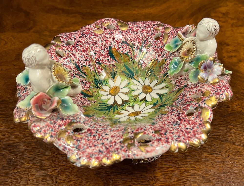 Italian Pottery Dish Pedestal Vintage Splatter Glazed Baby Flowers