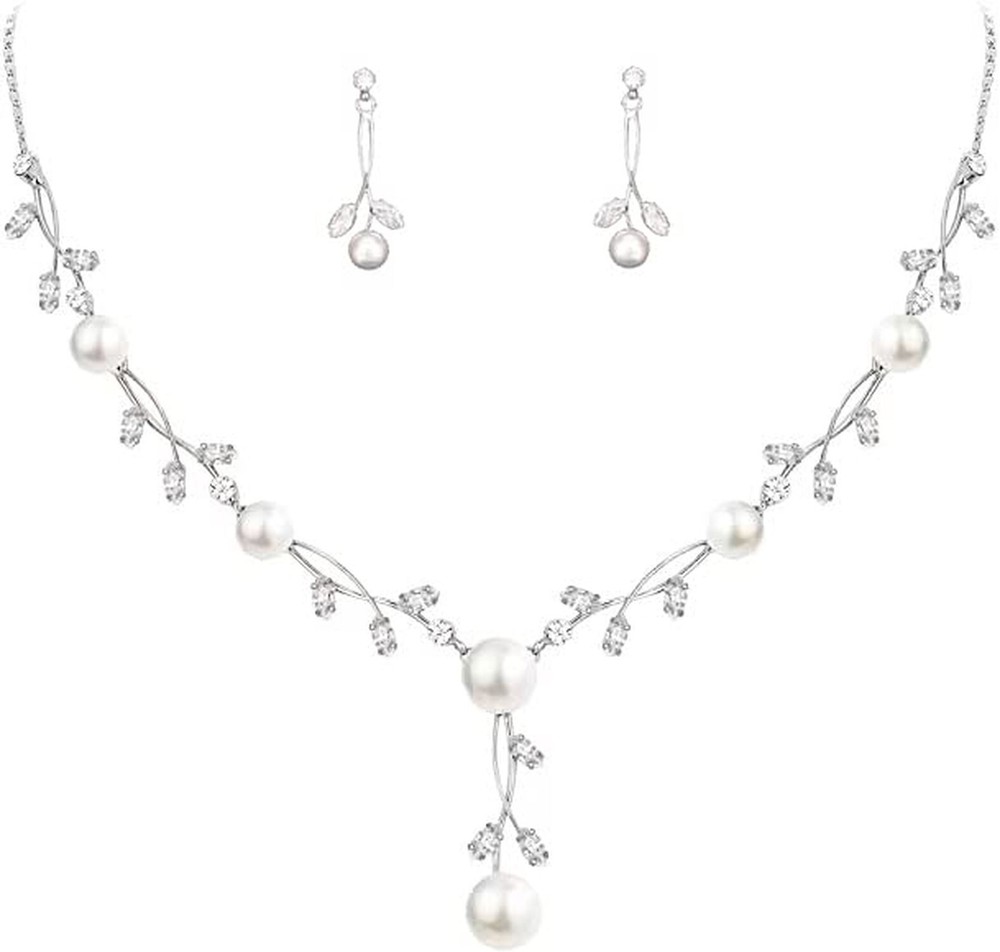 Luxury Cubic Zirconia Aurtrian Crystal Pearl Floral Necklace Dangle Earrings ...