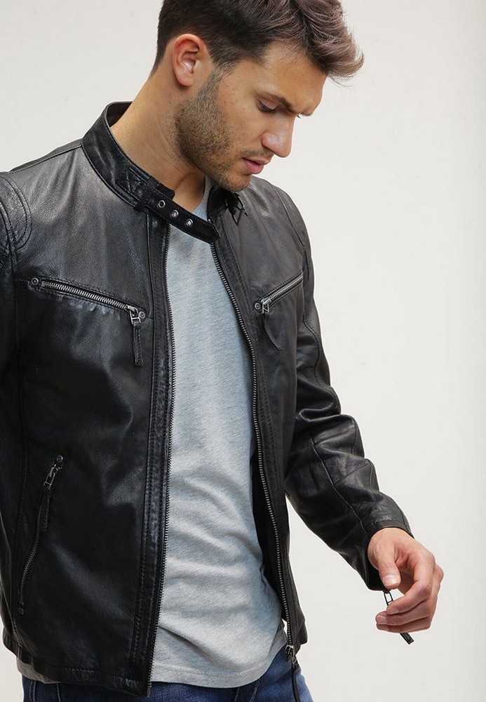 Lambskin Black Biker Jacket for Men Long Sleeve Party Wear Leather Coat SDM140