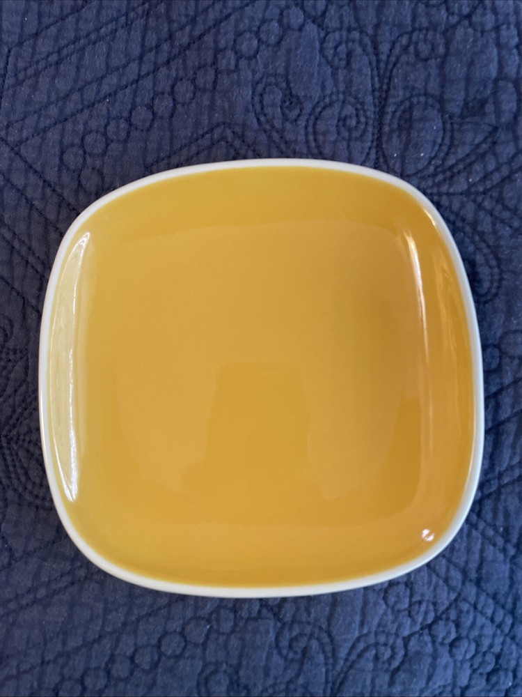 Oneida Heavy Stoneware 7” Square Plate Yellow White Trim Hors D’oeuvres Salad