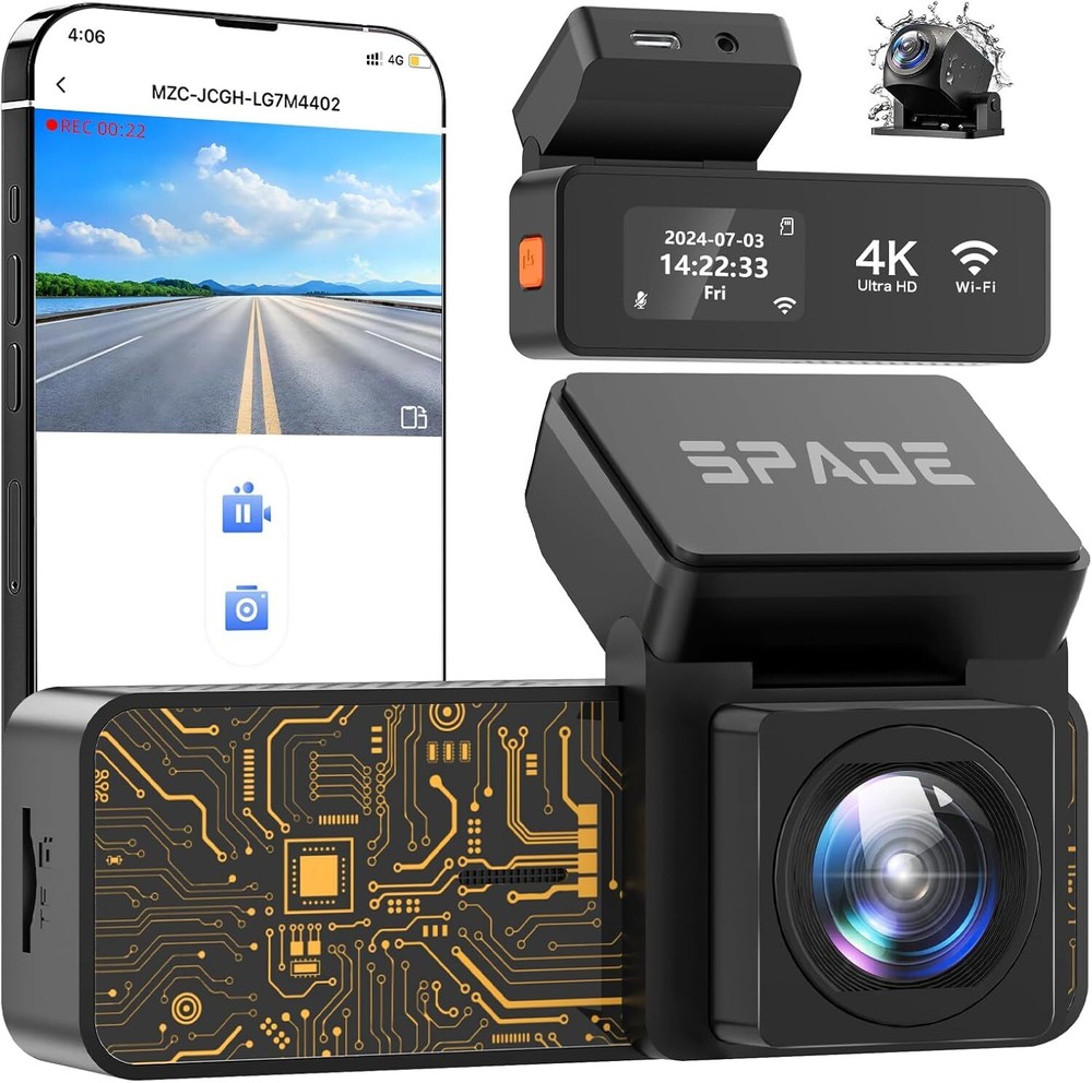 4K Dual Lens Car Dash Cam with Built-in WiFi Front and Rear Recording