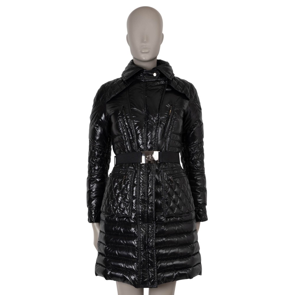 MONCLER black nylon MAIL BELTED PUFFER Coat Jacket size 0 XS