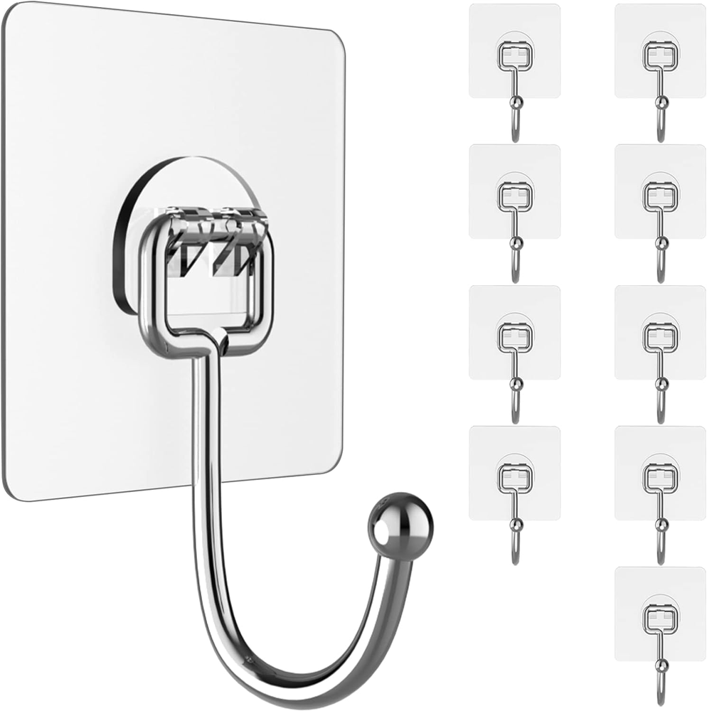 10-Pack Heavy-Duty Clear Adhesive Hooks 44lb Max Waterproof