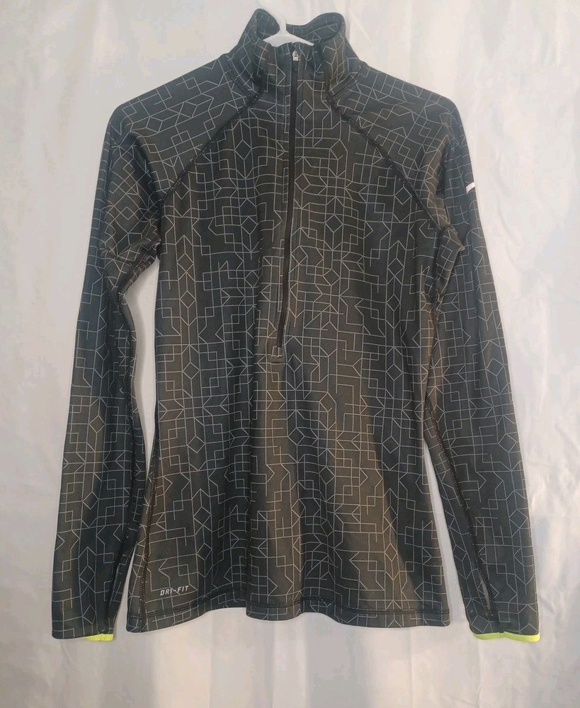 Women’s Nike Pro Dri-Fit Half Zip Black & Lime Green Geometric Pullover Medium