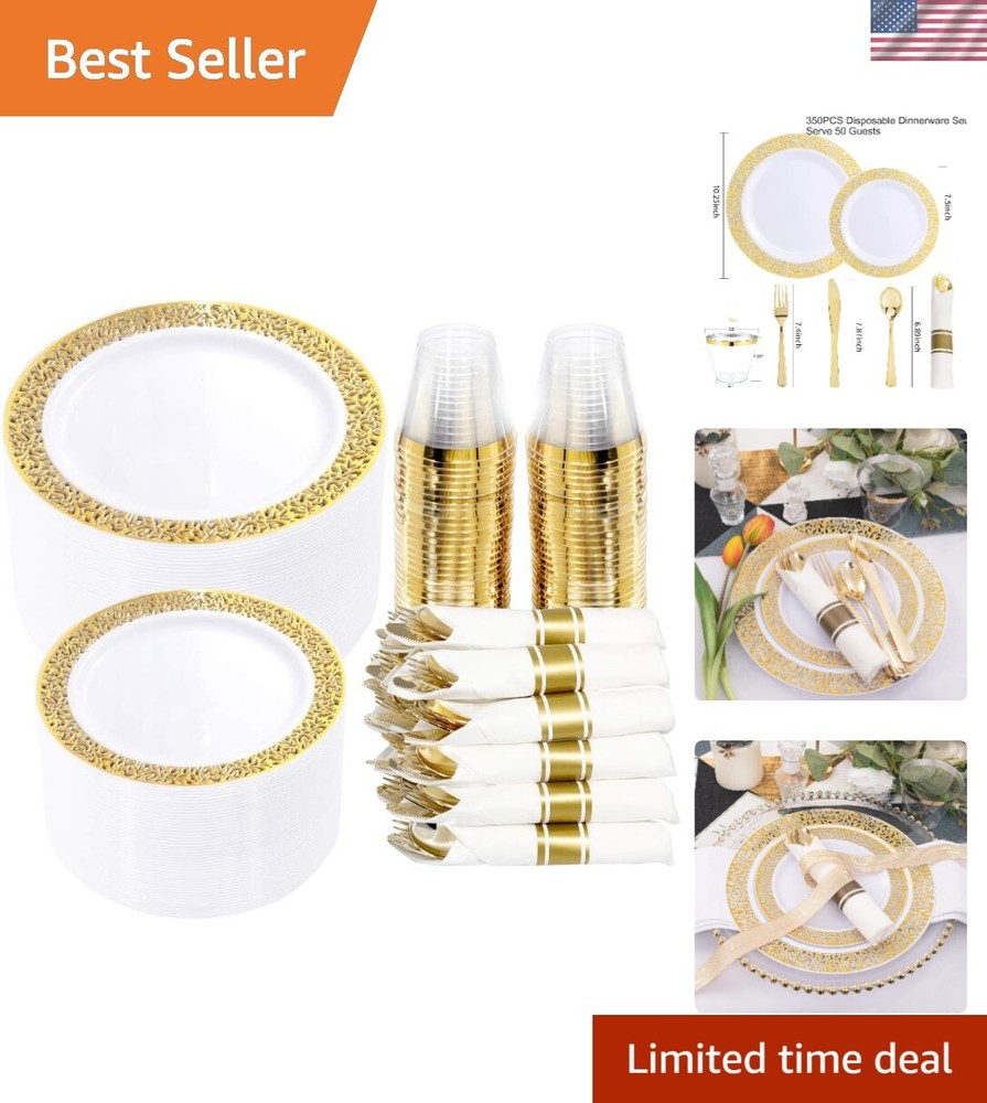 350-Piece Gold Plastic Dinnerware Set with 50 Lace Plates - Disposable Elegant Party Tableware
