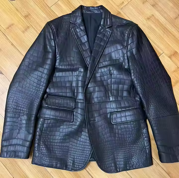 Men's Black Real Leather Crocodile Embossed Jacket Biker Alligator Print Blazer