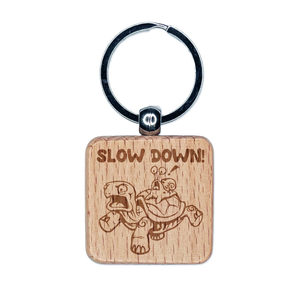 Slow Down Turtle Tortoise and Snail Engraved Wood Square Keychain Tag Charm