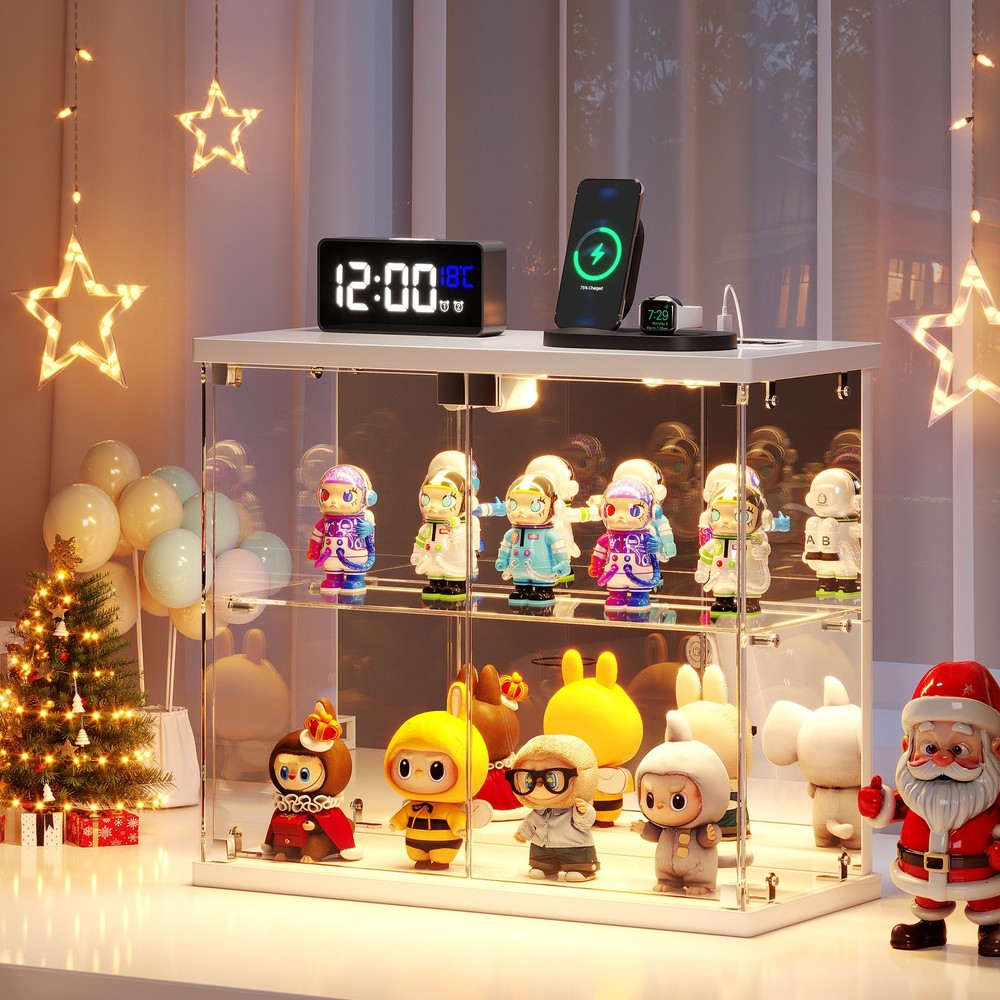 Clear Glass Display Case with LED Lights and Charging Station for Figures, White