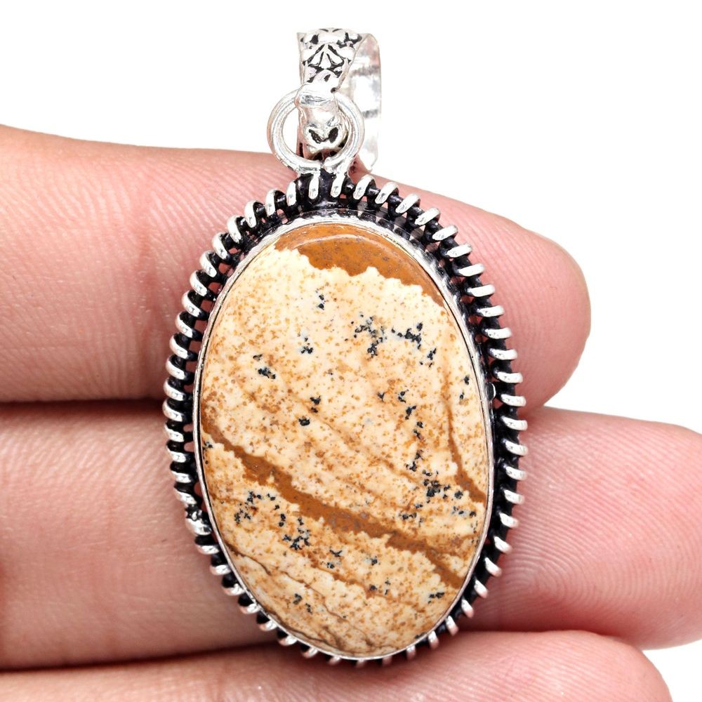 Handmade Mother’s Day Silver Pendant with Picture Jasper Gemstone 1.75 Inch